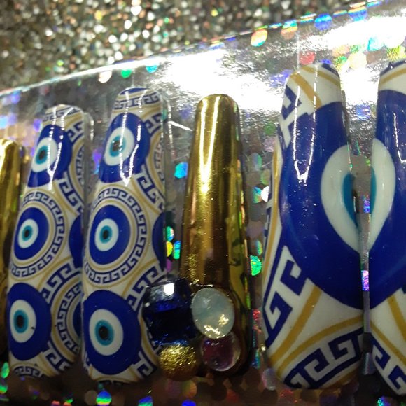 Handmade XXL Coffin Hard Gel "Evil Eye" Theme Greek symbol Press On Nails - Picture 5 of 9